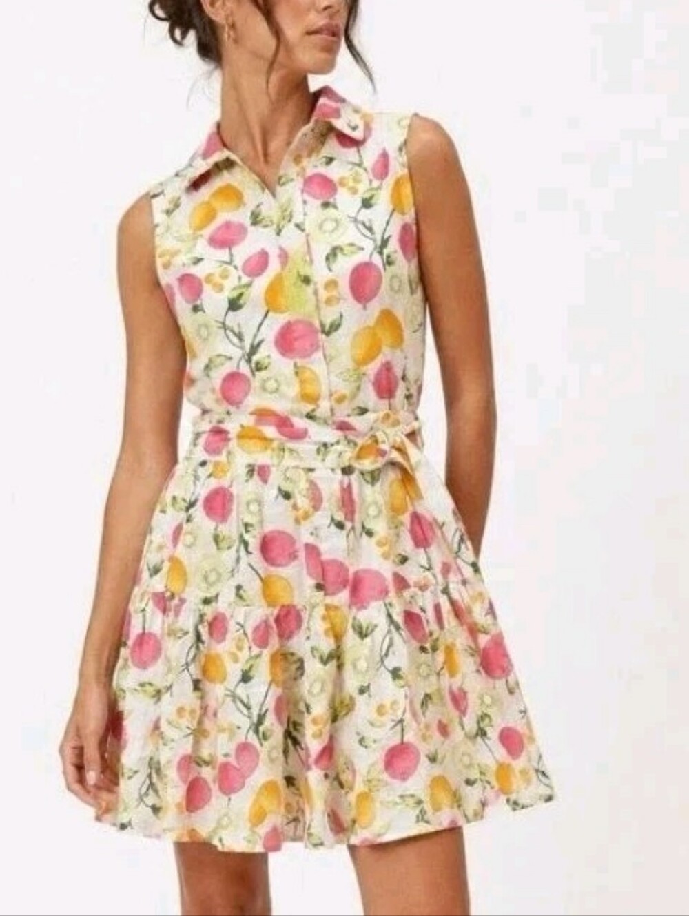 Cynthia Rowley Fruit Print Linen Blend Button Front Sleeveless Shirt Dress Sz 12